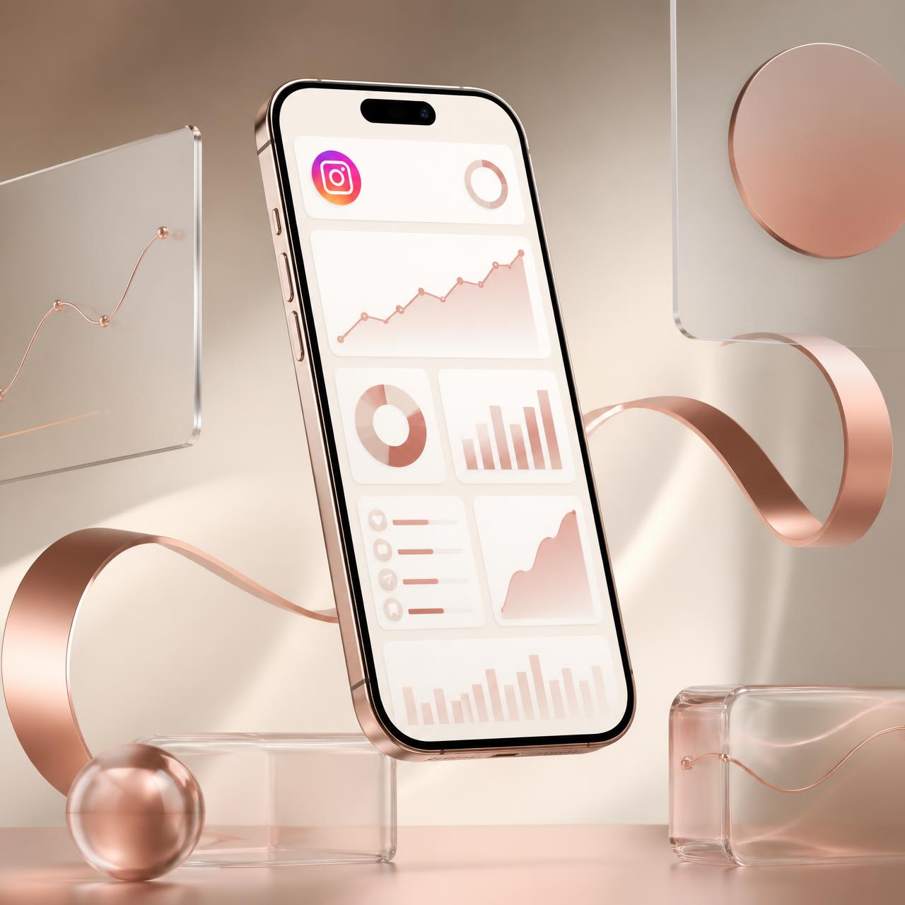 Luxury Instagram analytics dashboard on a phone with growth charts